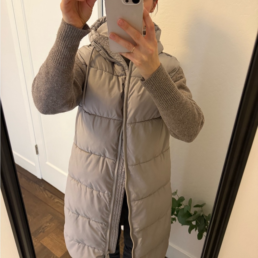 Taupe long puffer vest